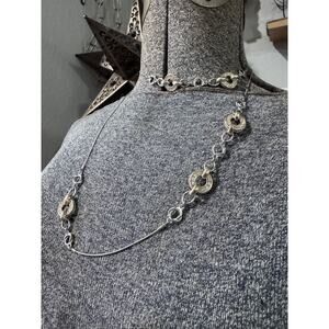 Silver Tone Long Link Necklace | Pavé Circle Detail | Layering Piece